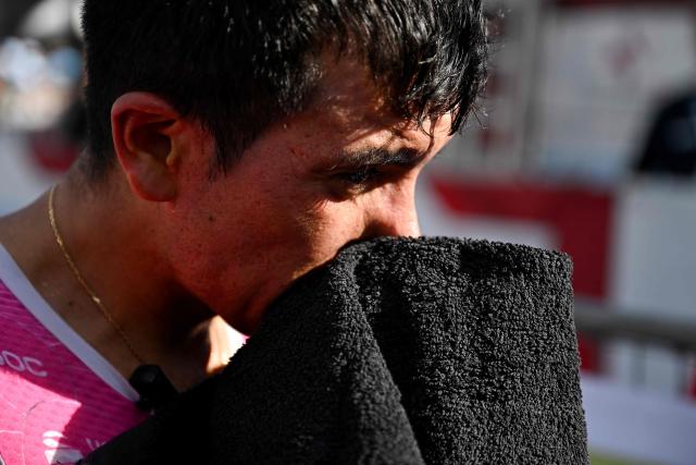 Ecuadorian rider Richard Carapaz of team EF Education-EasyPost is pictured after crossing the finish line in second place in the first stage of the Men's Tour of Switzerland (Tour de Suisse) cycling race, in Sondrio, Italy, on June 17, 2026. (Photo by Marco BERTORELLO / AFP)