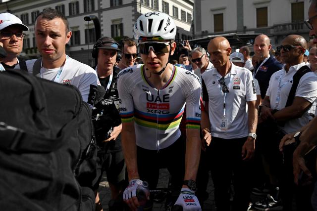 Slovenia's rider Tadej Pogacar of team UAE Emirates - XRG is pictured after crossing the finish line to win the first stage of the Men's Tour of Switzerland (Tour de Suisse) cycling race, in Sondrio, Italy, on June 17, 2026. (Photo by Marco BERTORELLO / AFP)