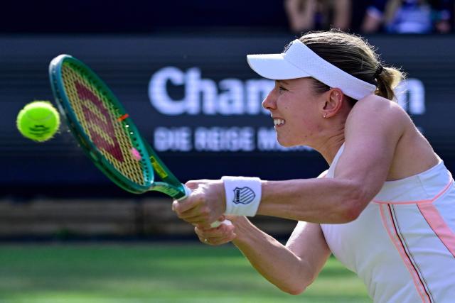 Russia's Ekaterina Alexandrova returns the ball to Berarus' Aryna Sabalenka during the women's singles round of 16 tennis match at the WTA 500 Berlin Tennis Open tournament in Berlin on June 17, 2026. (Photo by John MACDOUGALL / AFP)