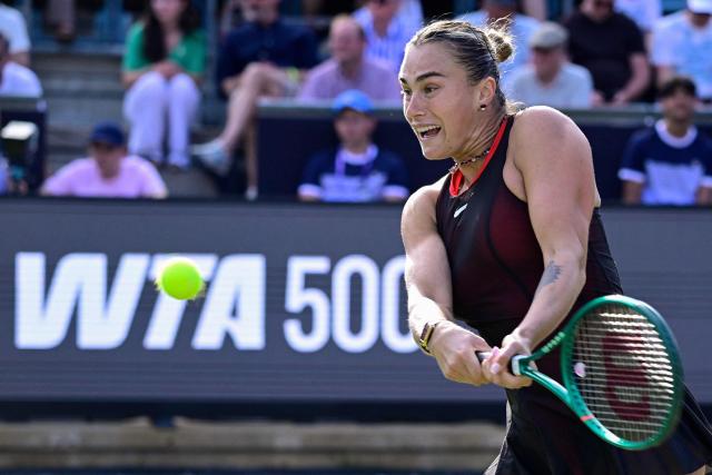 Berarus' Aryna Sabalenka returns the ball to Russia's Ekaterina Alexandrova during the women's singles round of 16 tennis match at the WTA 500 Berlin Tennis Open tournament in Berlin on June 17, 2026. (Photo by John MACDOUGALL / AFP)