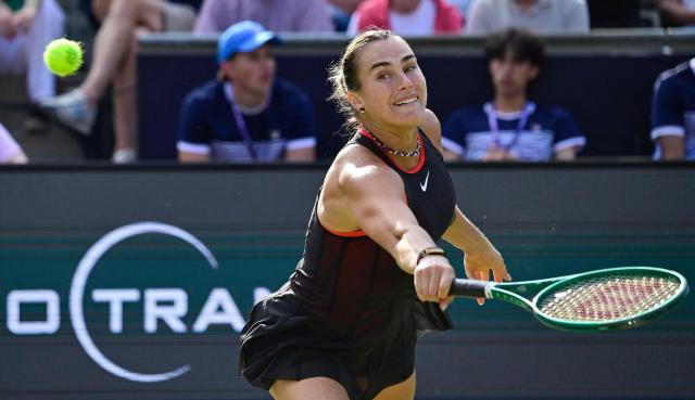 Berarus' Aryna Sabalenka returns the ball to Russia's Ekaterina Alexandrova during the women's singles round of 16 tennis match at the WTA 500 Berlin Tennis Open tournament in Berlin on June 17, 2026. (Photo by John MACDOUGALL / AFP)