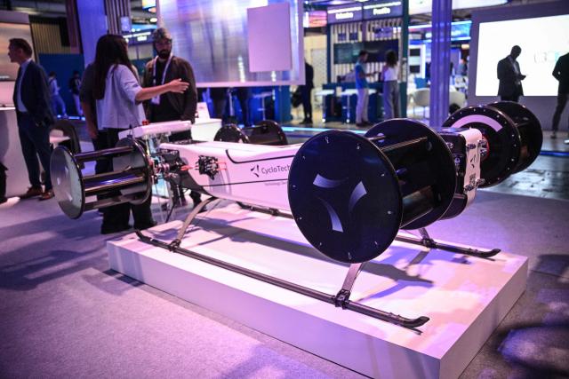 A drone by CycloTech is displayed at the VivaTech technology startups and innovation fair at the Paris Expo Porte de Versailles, in Paris on June 17, 2026. (Photo by JULIEN DE ROSA / AFP)