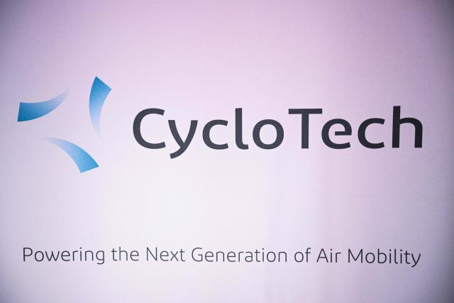 This photograph shows a logo of CycloTech company at the VivaTech technology startups and innovation fair at the Paris Expo Porte de Versailles, in Paris on June 17, 2026. (Photo by JULIEN DE ROSA / AFP)