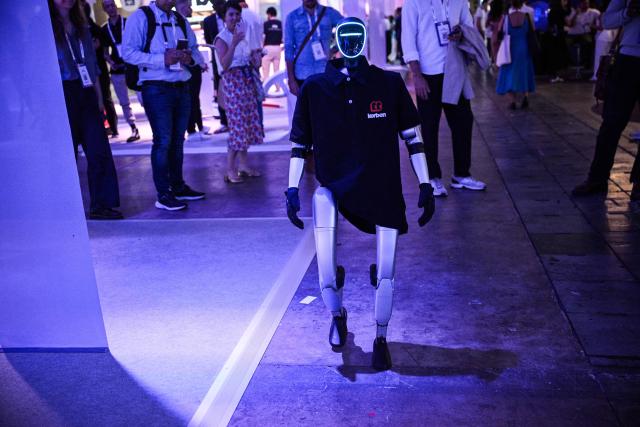A robot by Korben company is displayed at the VivaTech technology startups and innovation fair at the Paris Expo Porte de Versailles, in Paris on June 17, 2026. (Photo by JULIEN DE ROSA / AFP)