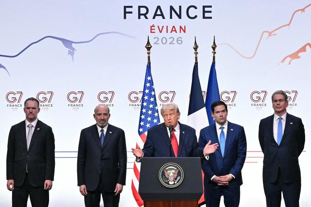 US President Donald Trump (C) gestures as he addresses the media alongside United States Trade Representative Jamieson Greer (L), US Commerce secretary Howard Lutnick (2L), US Secretary of State Marco Rubio (2R) and US Secretary of Treasury Scott Bessent during a closing press conference at the G7 summit, in Evian, eastern France, on June 17, 2026. A G7 summit is set to take place June 15 to 17 in the French town of Evian-les-Bains near Switzerland and it will be attended by country leaders as well as the EU's foreign policy chief and ministers from Brazil, Canada, the United Arab Emirates and Turkey. (Photo by Mandel NGAN / AFP)
