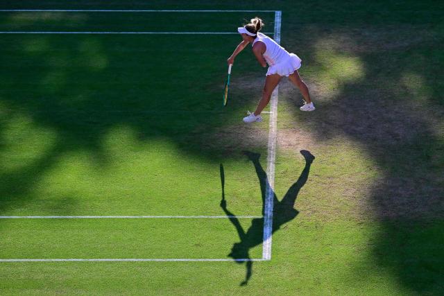 Russia's Ekaterina Alexandrova serves the ball to Berarus' Aryna Sabalenka during the women's singles round of 16 tennis match at the WTA 500 Berlin Tennis Open tournament in Berlin on June 17, 2026. (Photo by John MACDOUGALL / AFP)