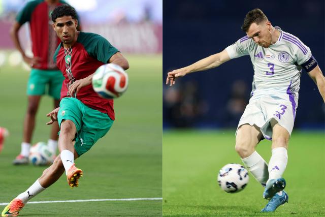 This combination of file pictures created on June 17, 2026 shows Morocco's defender Achraf Hakimi in East Rutherford on June 13, 2026 (L) and Scotland's defender Andrew Robertson in Zagreb on October 12, 2024 (R). The two sides meet in the 2026 World Cup football tournament Group C at Boston Stadium in Boston on June 19, 2026. (Photo by CHARLY TRIBALLEAU and DAMIR SENCAR / AFP)