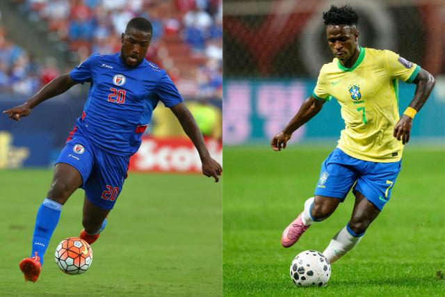 This combination of file pictures created on June 17, 2026 shows Haiti's forward Duckens Nazon in Frisco on July 7, 2015 (L) and Brazil's forward Vinicius Jr in Seoul on October 10, 2025 (R). The two sides meet in the 2026 World Cup football tournament Group C at Philadelphia Stadium in Philadelphia on June 19, 2026. (Photo by TOM PENNINGTON and ANTHONY WALLACE / AFP)