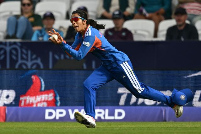 India's Jemimah Rodrigues takes the last catch of the match to dismiss the last wicket and win the match during the ICC Women's T20 cricket world cup 2026 game between India and The Netherlands, at Headingley in Leeds, northern England on June 17, 2026. (Photo by Oli SCARFF / AFP)