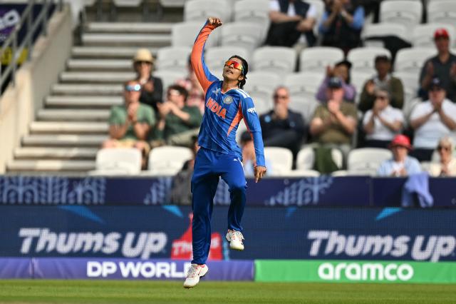 India's Jemimah Rodrigues celebrates after making the last catch to dismiss the last wicket and win the match during the ICC Women's T20 cricket world cup 2026 game between India and The Netherlands, at Headingley in Leeds, northern England on June 17, 2026. (Photo by Oli SCARFF / AFP)