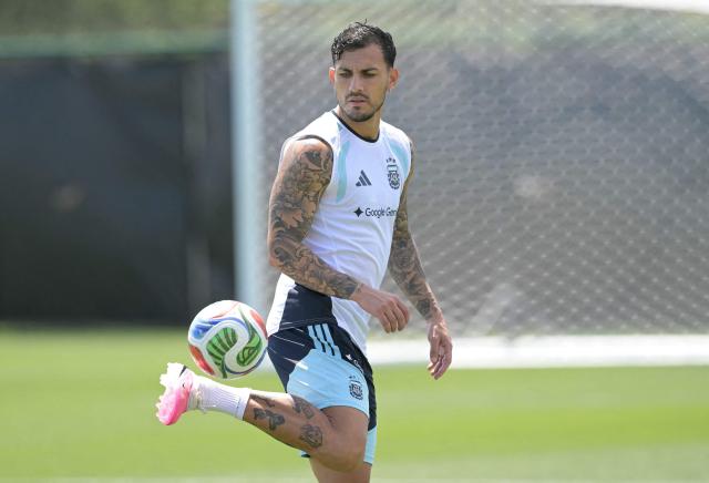 Argentina's midfielder #05 Leandro Paredes plays with a ball during training session at Sporting KC Training Centre in Kansas City on June 17, 2026. (Photo by JUAN MABROMATA / AFP)