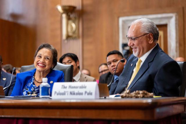 Lourdes "Lou" Aflague Leon Guerrero, Governor of Guam, and Albert Bryan Jr., Governor of the US Virgin Islands, testify before a full committee hearing entitled "The State of the US Territories" on Capitol Hill in Washington, DC, on June 17, 2026. (Photo by Ken Cedeno / AFP)
