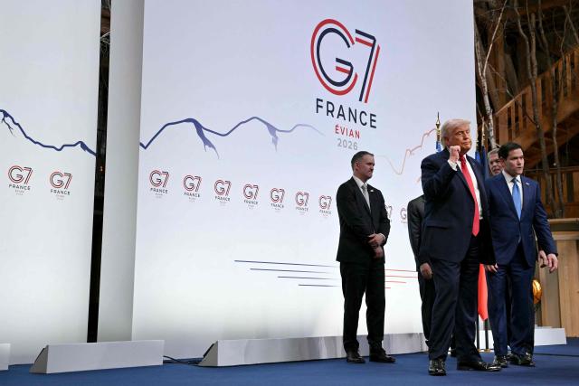 US President Donald Trump (2R) gestures at the end of a press conference at the G7 summit alongside US Secretary of State Marco Rubio (R), in Evian, eastern France, on June 17, 2026. A G7 summit is set to take place June 15 to 17 in the French town of Evian-les-Bains near Switzerland and it will be attended by country leaders as well as the EU's foreign policy chief and ministers from Brazil, Canada, the United Arab Emirates and Turkey. (Photo by Mandel NGAN / AFP)