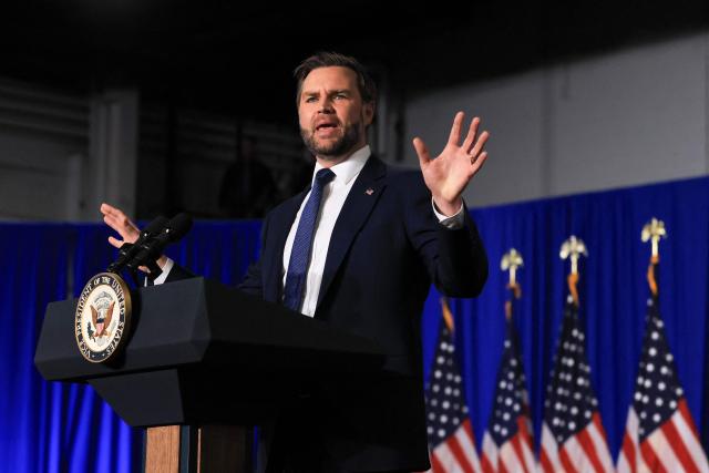 US Vice President JD Vance delivers remarks on the administration's "crackdown on crime and fraud" during an event at Gold Coast Studios in Bethpage, New York, on June 17, 2026. Vance’s visit comes after the Justice Department filed a lawsuit this week against New York state officials over alleged Medicaid fraud related to the state’s $10 billion home-care program. (Photo by Spencer Platt / POOL / AFP)