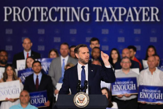 US Vice President JD Vance gestures as he delivers remarks on the administration's "crackdown on crime and fraud" during an event at Gold Coast Studios in Bethpage, New York, on June 17, 2026. Vance’s visit comes after the Justice Department filed a lawsuit this week against New York state officials over alleged Medicaid fraud related to the state’s $10 billion home-care program. (Photo by Spencer Platt / POOL / AFP)