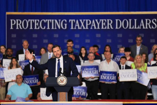 US Vice President JD Vance gestures as he delivers remarks on the administration's "crackdown on crime and fraud" during an event at Gold Coast Studios in Bethpage, New York, on June 17, 2026. Vance’s visit comes after the Justice Department filed a lawsuit this week against New York state officials over alleged Medicaid fraud related to the state’s $10 billion home-care program. (Photo by Spencer Platt / POOL / AFP)