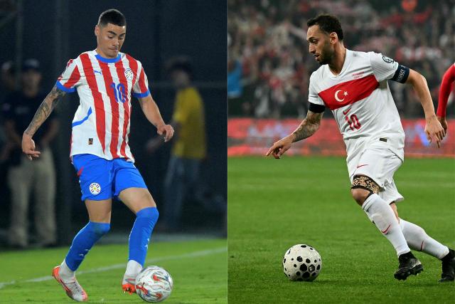 This combination of file pictures created on June 17, 2026 shows Paraguay's midfielder Miguel Almiron in Asuncion on March 20, 2025 (L) and Turkey's midfielder Hakan Calhanoglu in Bursa on November 15, 2025 (R). The two sides meet in the 2026 World Cup football tournament Group D at San Francisco Bay Area Stadium in Santa Clara on June 19, 2026. (Photo by DANIEL DUARTE and OZAN KOSE / AFP)