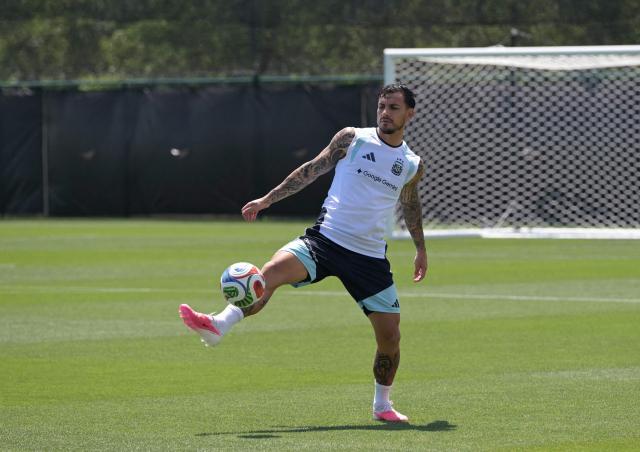 Argentina's midfielder #05 Leandro Paredes plays with a ball during training session at Sporting KC Training Centre in Kansas City on June 17, 2026. (Photo by JUAN MABROMATA / AFP)