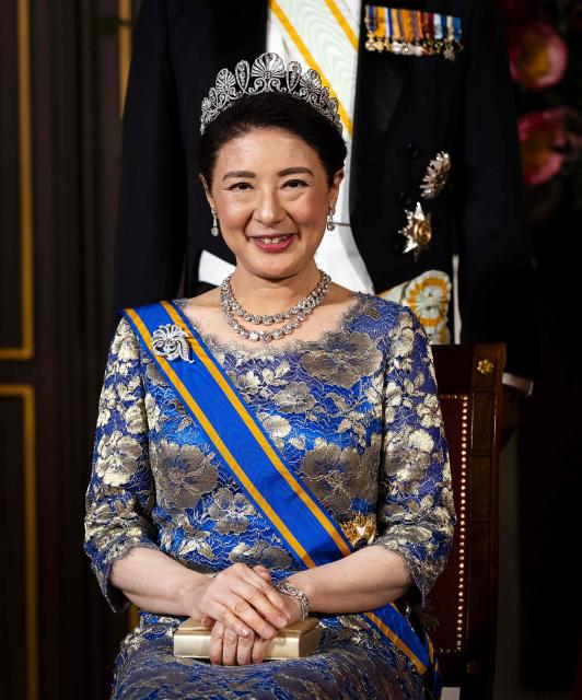 Empress of Japan Masako poses during a group photo ahead of a state banquet at the Royal Palace in Amsterdam on June 17, 2026. The Japanese imperial couple are on a three-day official visit to the Netherlands. (Photo by Remko de Waal / AFP)