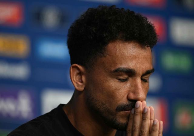 Brazil's defender #13 Danilo gestures during a press conference for the 2026 World Cup tournament at the Ridge Hotel in New York on June 17, 2026. (Photo by MAURO PIMENTEL / AFP)