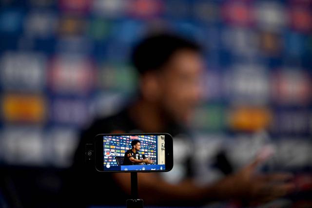 Brazil's defender #13 Danilo is recorded on a mobile phone during a press conference for the 2026 World Cup tournament at the Ridge Hotel in New York on June 17, 2026. (Photo by MAURO PIMENTEL / AFP)