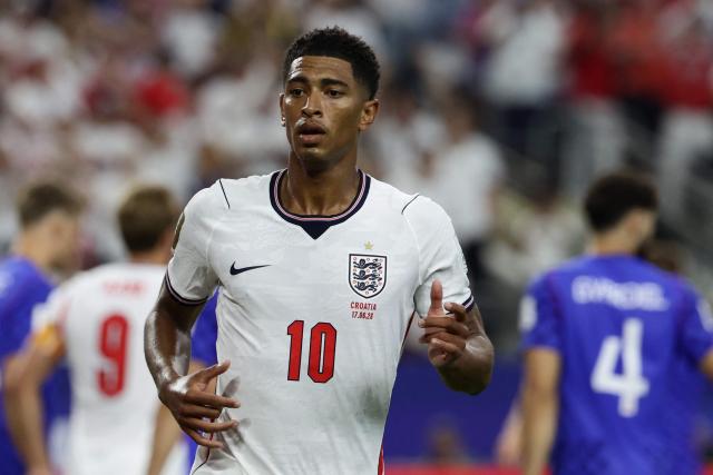 England's midfielder #10 Jude Bellingham celebrates after scoring a goal during the 2026 World Cup Group L football match between England and Croatia at the Dallas Stadium in Arlington on June 17, 2026.  (Photo by Aric Becker / AFP)