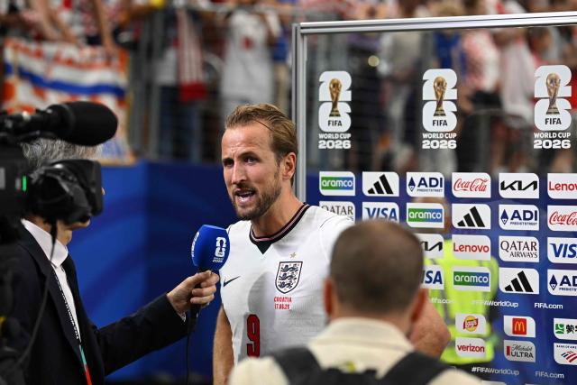 England's forward #09 Harry Kane speaks to the media after the 2026 World Cup Group L football match between England and Croatia at the Dallas Stadium in Arlington on June 17, 2026.  (Photo by Paul ELLIS / AFP)