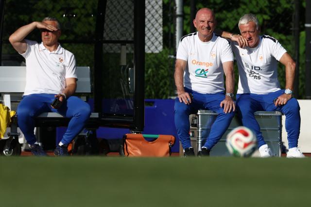 France's head coach Didier Deschamps (R) and his assistant Guy Stephan attend a training session at Bentley University, the team's base camp, during the 2026 World Cup football tournament in Waltham, near Boston, on June 17, 2026. (Photo by FRANCK FIFE / AFP)