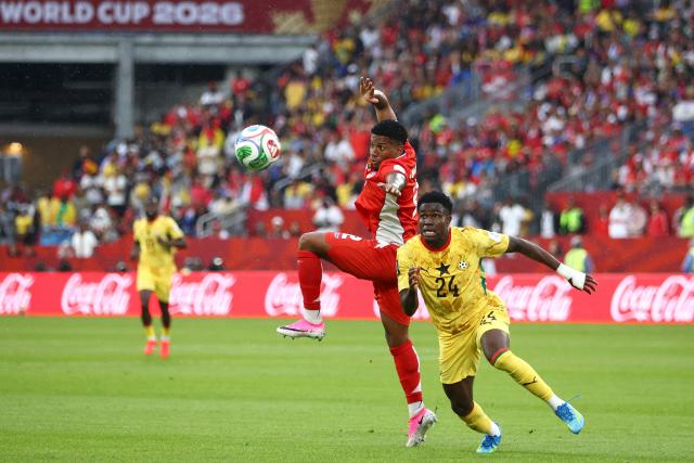 Panama's defender #02 Cesar Blackman and Ghana's midfielder #24 Ernest Nuamah fight for the ball during the 2026 World Cup Group L football match between Ghana and Panama at the Toronto Stadium in Toronto on June 17, 2026.  (Photo by Cole Burston / AFP)