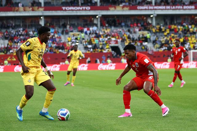 Ghana's midfielder #24 Ernest Nuamah and Panama's defender #02 Cesar Blackman fight for the ball during the 2026 World Cup Group L football match between Ghana and Panama at the Toronto Stadium in Toronto on June 17, 2026.  (Photo by Cole Burston / AFP)