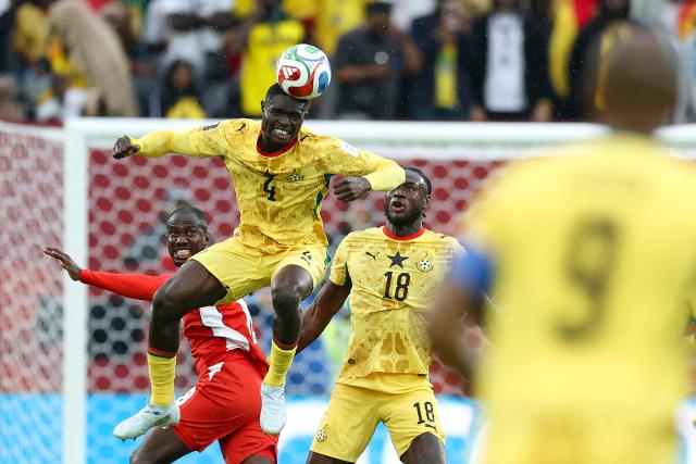 Ghana's defender #04 Jonas Adjei Adjetey heads the ball during the 2026 World Cup Group L football match between Ghana and Panama at the Toronto Stadium in Toronto on June 17, 2026.  (Photo by Cole Burston / AFP)