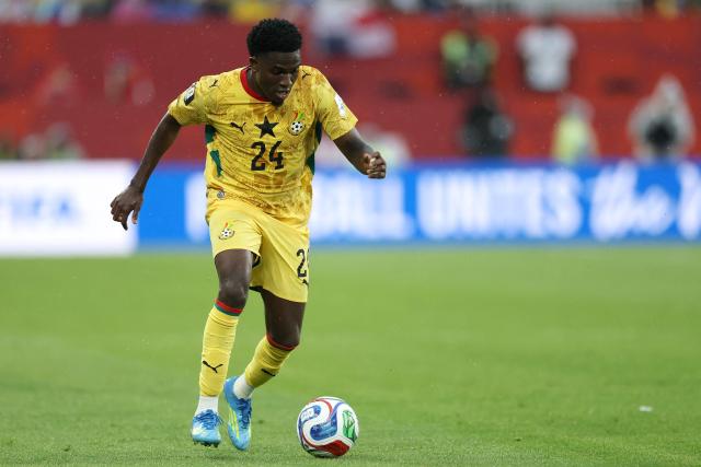 Ghana's midfielder #24 Ernest Nuamah controls the ball during the 2026 World Cup Group L football match between Ghana and Panama at the Toronto Stadium in Toronto on June 17, 2026.  (Photo by Cole Burston / AFP)