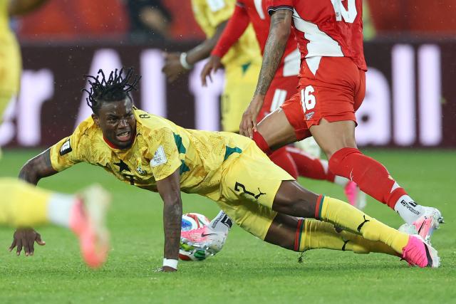 Ghana's forward #07 Abdul Fatawu is fouled by Panama's defender #16 Andres Andrade during the 2026 World Cup Group L football match between Ghana and Panama at the Toronto Stadium in Toronto on June 17, 2026.  (Photo by Cole Burston / AFP)