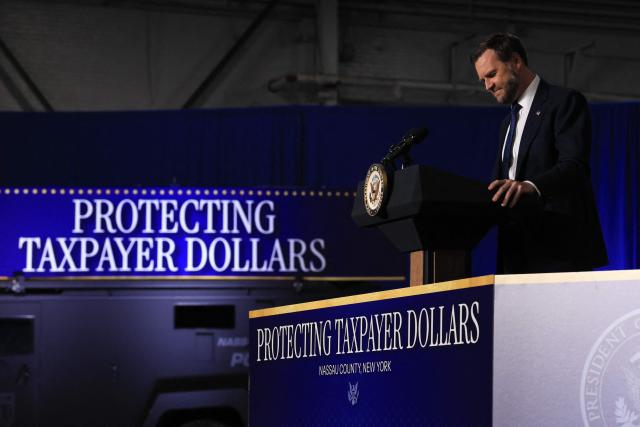 US Vice President JD Vance delivers remarks on the administration's "crackdown on crime and fraud" during an event at Gold Coast Studios in Bethpage, New York, on June 17, 2026. Vance’s visit comes after the Justice Department filed a lawsuit this week against New York state officials over alleged Medicaid fraud related to the state’s $10 billion home-care program. (Photo by Spencer Platt / POOL / AFP)