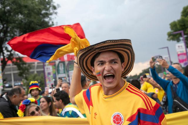 A Colombia fan cheers for their team outside the Mexico City Stadium ahead of the 2026 World Cup Group K football match between Uzbekistan and Colombia in Mexico City on June 17, 2026. (Photo by Oswaldo Ramirez / AFP)