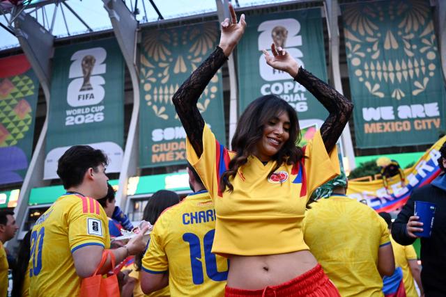 A Colombian fan gestures outside the stadium ahead of the 2026 World Cup Group K football match between Uzbekistan and Colombia at the Mexico City Stadium in Mexico City on June 17, 2026.  (Photo by CARL DE SOUZA / AFP)
