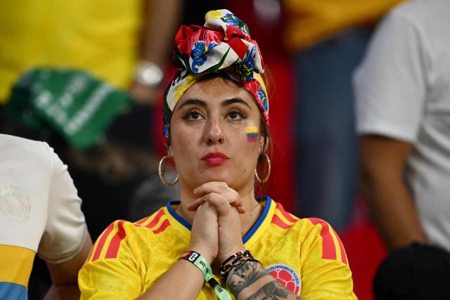 A Colombian fan gestures ahead of the 2026 World Cup Group K football match between Uzbekistan and Colombia at the Mexico City Stadium in Mexico City on June 17, 2026.  (Photo by CARL DE SOUZA / AFP)