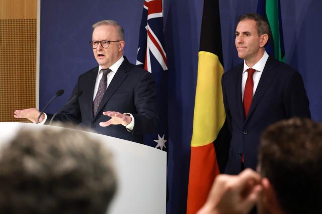 Australia’s Prime Minister Anthony Albanese (L) speaks as he stands next to Australian Treasurer Jim Chalmers during a press conference regarding budget changes in Sydney on June 18, 2026. (Photo by DAVID GRAY / AFP)