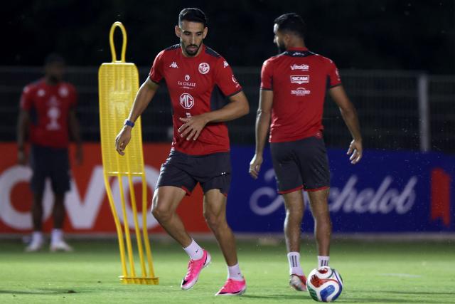 Tunisia's forward #09 Hazem Mastouri attends a training session during the 2026 World Cup tournament at Rayados Training Centre in Santiago, Nueva Leon state, Mexico on June 17, 2026. (Photo by Julio Cesar AGUILAR / AFP)