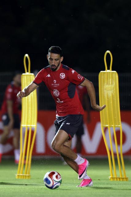 Tunisia's forward #09 Hazem Mastouri attends a training session during the 2026 World Cup tournament at Rayados Training Centre in Santiago, Nueva Leon state, Mexico on June 17, 2026. (Photo by Julio Cesar AGUILAR / AFP)