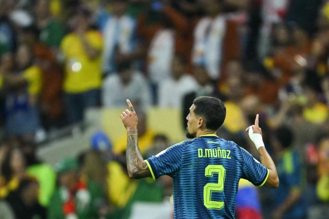 Colombia's defender #02 Daniel Munoz celebrates scoring his team's first goal during the 2026 World Cup Group K football match between Uzbekistan and Colombia at the Mexico City Stadium in Mexico City on June 17, 2026.  (Photo by Yuri CORTEZ / AFP)