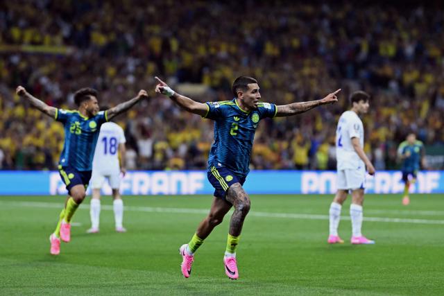 Colombia's defender #02 Daniel Munoz celebrates scoring his team's first goal during the 2026 World Cup Group K football match between Uzbekistan and Colombia at the Mexico City Stadium in Mexico City on June 17, 2026.  (Photo by CARL DE SOUZA / AFP)