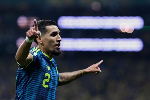 Colombia's defender #02 Daniel Munoz celebrates scoring his team's first goal during the 2026 World Cup Group K football match between Uzbekistan and Colombia at the Mexico City Stadium in Mexico City on June 17, 2026.  (Photo by CARL DE SOUZA / AFP)