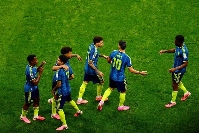 Colombia's players celebrate their team's first goal during the 2026 World Cup Group K football match between Uzbekistan and Colombia at the Mexico City Stadium in Mexico City on June 17, 2026.  (Photo by Rodrigo Oropeza / AFP)