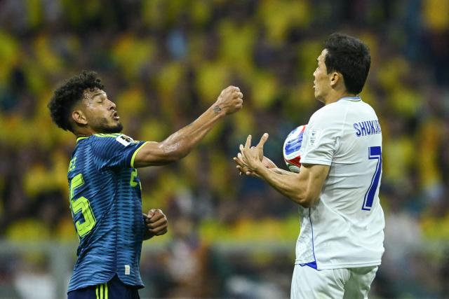 Colombia's forward #25 Luis Suarez (L) and Uzbekistan's midfielder #07 Otabek Shukurov (R) fight for the ball during the 2026 World Cup Group K football match between Uzbekistan and Colombia at the Mexico City Stadium in Mexico City on June 17, 2026.  (Photo by Yuri CORTEZ / AFP)