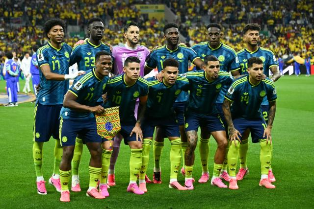 Colombia's players pose for a team photo ahead of the 2026 World Cup Group K football match between Uzbekistan and Colombia at the Mexico City Stadium in Mexico City on June 17, 2026.  (Photo by YURI CORTEZ / AFP)