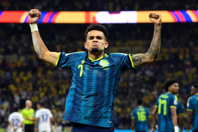 Colombia's forward #07 Luis Diaz celebrates scoring his team's second goal during the 2026 World Cup Group K football match between Uzbekistan and Colombia at the Mexico City Stadium in Mexico City on June 17, 2026.  (Photo by Alfredo ESTRELLA / AFP)
