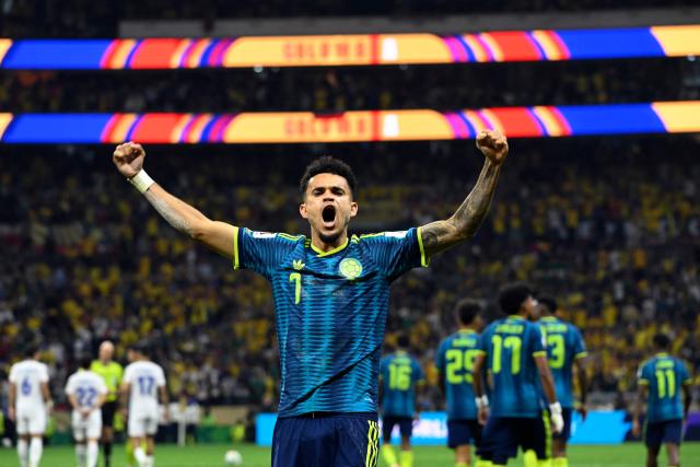 Colombia's forward #07 Luis Diaz celebrates scoring his team's second goal during the 2026 World Cup Group K football match between Uzbekistan and Colombia at the Mexico City Stadium in Mexico City on June 17, 2026.  (Photo by Alfredo ESTRELLA / AFP)