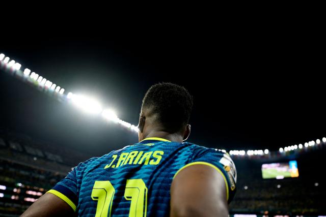 A view of the back of Colombia's midfielder #11 Jhon Arias during the 2026 World Cup Group K football match between Uzbekistan and Colombia at the Mexico City Stadium in Mexico City on June 17, 2026.  (Photo by Alfredo ESTRELLA / AFP)