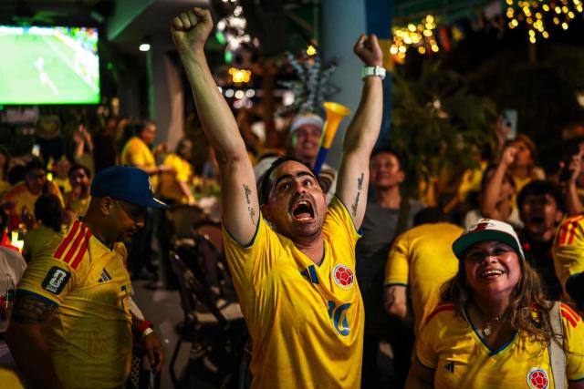 Colombian supporters celebrate at a sports bar in Miami, Florida, after the 2026 World Cup Group K football match between Uzbekistan and Colombia at Mexico City Stadium in Mexico City on June 17, 2026. (Photo by PATRICIA DE MELO MOREIRA / AFP)